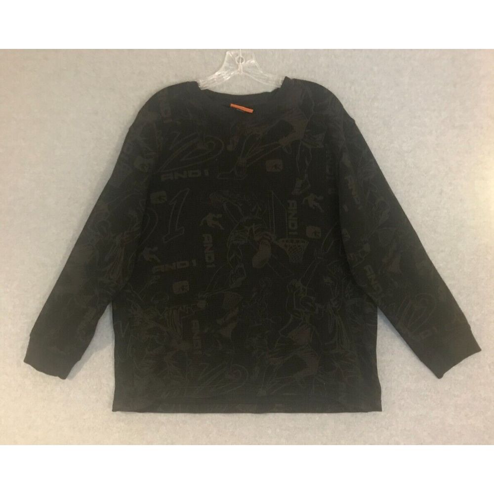 AND1 Sweater Mens Large BOXY‎ FIT Shorter Long Sleeves Black Basketball Graphics